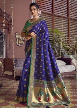 Dark Blue & Green Silk Saree